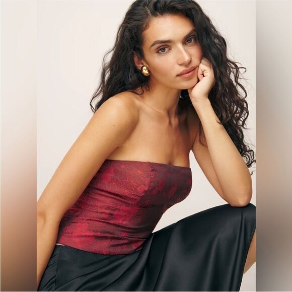 Reformation Giorgia strapless top in Red floral jacquard - size 12 NEW - Picture 7 of 10